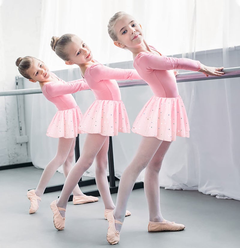 DANSHOW Girls Ballet Leotard Kids Long Sleeve Dance Leotard Dress with Glitter Tutu Skirt(4042-M-08) - Image 4
